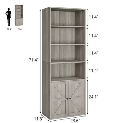 Étagère de ferme de 181,4 cm de haut avec portes, étagères de rangement de 30 cm de profondeur, bibliothèque industrielle en bois à 6 étagères pour salon
