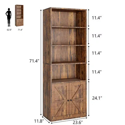 Étagère de ferme de 181,4 cm de haut avec portes, étagères de rangement de 30 cm de profondeur, bibliothèque industrielle en bois à 6 étagères pour salon