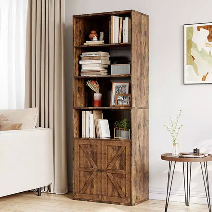 Étagère de ferme de 181,4 cm de haut avec portes, étagères de rangement de 30 cm de profondeur, bibliothèque industrielle en bois à 6 étagères pour salon