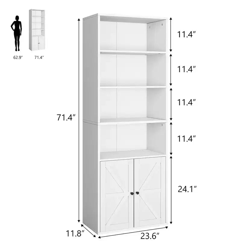 Étagère de ferme de 181,4 cm de haut avec portes, étagères de rangement de 30 cm de profondeur, bibliothèque industrielle en bois à 6 étagères pour salon
