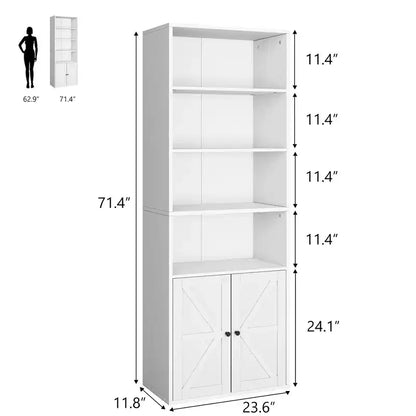 Étagère de ferme de 181,4 cm de haut avec portes, étagères de rangement de 30 cm de profondeur, bibliothèque industrielle en bois à 6 étagères pour salon