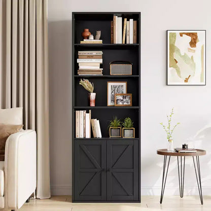 71.4in Tall Farmhouse Bookcase with Doors 11.8in Depth Display Storage Shelves Industrial Bookshelf Wooden 6 Shelf Bookshelves for Living Room