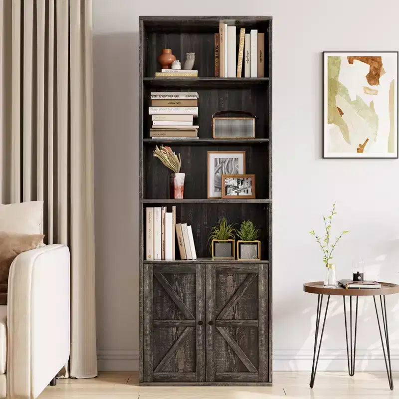 Étagère de ferme de 181,4 cm de haut avec portes, étagères de rangement de 30 cm de profondeur, bibliothèque industrielle en bois à 6 étagères pour salon