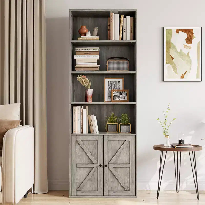 Étagère de ferme de 181,4 cm de haut avec portes, étagères de rangement de 30 cm de profondeur, bibliothèque industrielle en bois à 6 étagères pour salon