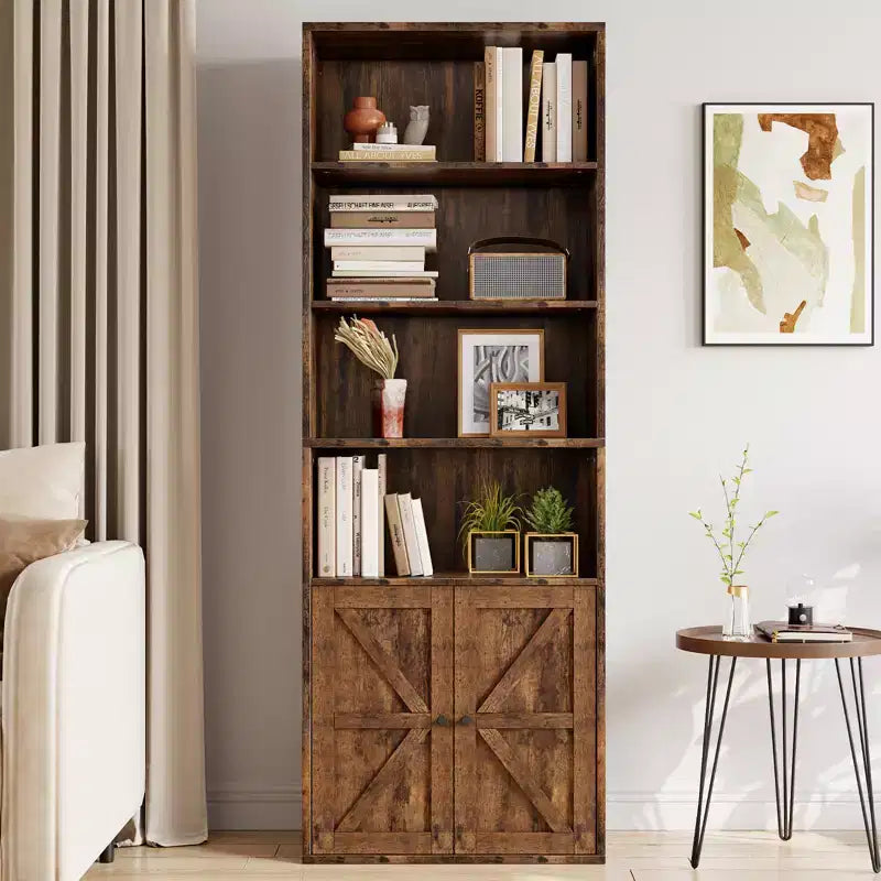 Étagère de ferme de 181,4 cm de haut avec portes, étagères de rangement de 30 cm de profondeur, bibliothèque industrielle en bois à 6 étagères pour salon