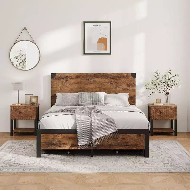 Cadre de lit Queen Size avec 4 tiroirs de rangement et cadre de lit en métal robuste avec tête de lit en bois, aucun sommier tapissier requis, montage facile