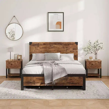 Cadre de lit Queen Size avec 4 tiroirs de rangement et cadre de lit en métal robuste avec tête de lit en bois, aucun sommier tapissier requis, montage facile