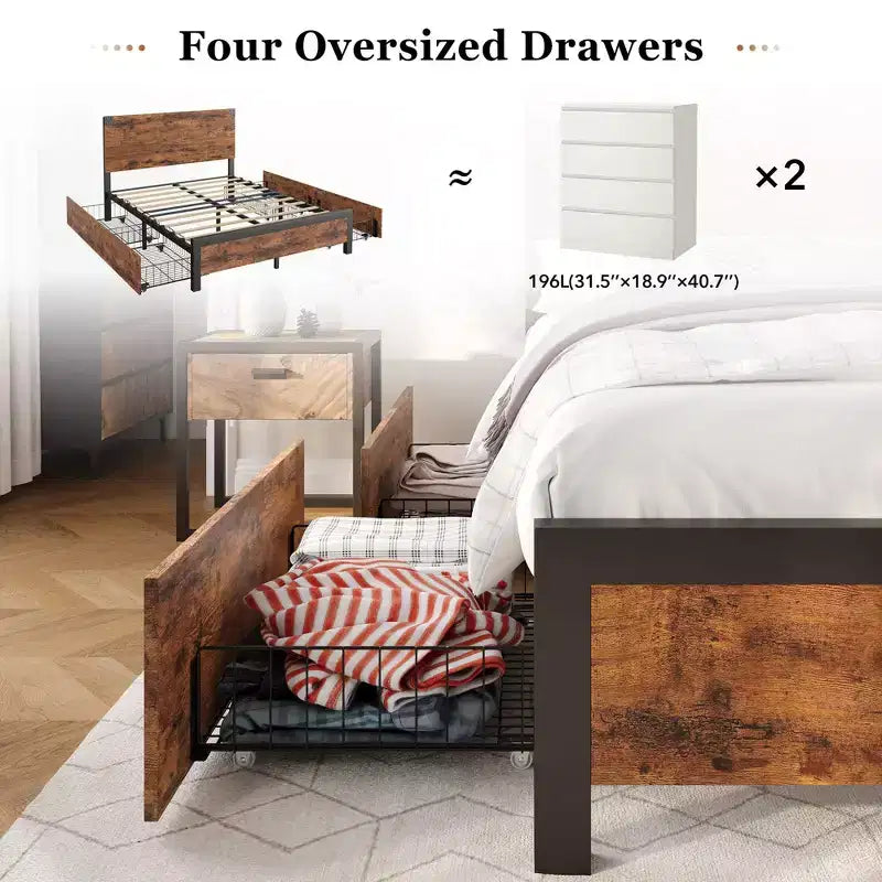 Cadre de lit Queen Size avec 4 tiroirs de rangement et cadre de lit en métal robuste avec tête de lit en bois, aucun sommier tapissier requis, montage facile