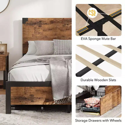 Cadre de lit Queen Size avec 4 tiroirs de rangement et cadre de lit en métal robuste avec tête de lit en bois, aucun sommier tapissier requis, montage facile