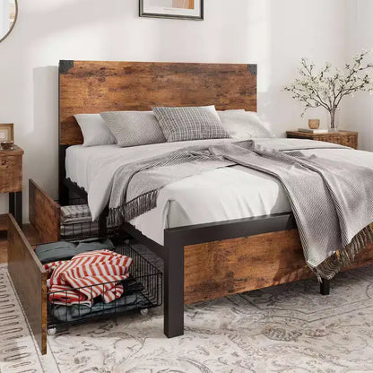 Cadre de lit Queen Size avec 4 tiroirs de rangement et cadre de lit en métal robuste avec tête de lit en bois, aucun sommier tapissier requis, montage facile