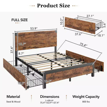 Cadre de lit Queen Size avec 4 tiroirs de rangement et cadre de lit en métal robuste avec tête de lit en bois, aucun sommier tapissier requis, montage facile