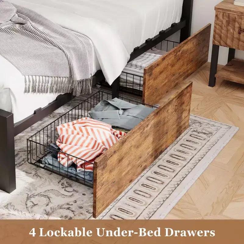 Cadre de lit Queen Size avec 4 tiroirs de rangement et cadre de lit en métal robuste avec tête de lit en bois, aucun sommier tapissier requis, montage facile