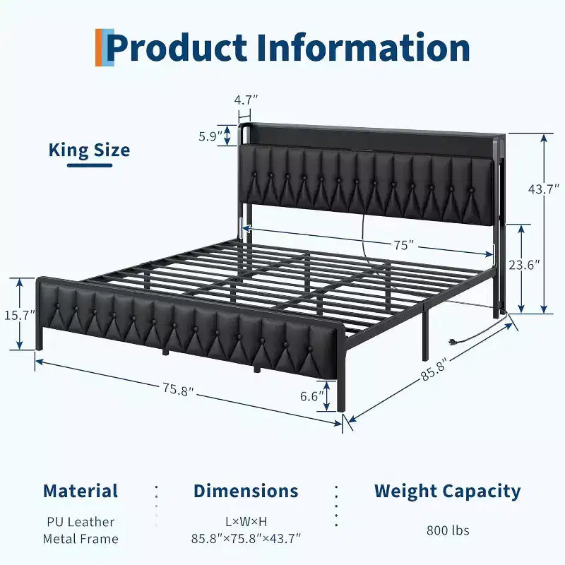 Cadre de lit King avec station de recharge, plateforme entièrement métallique avec tête et pied de lit, silencieux, pas besoin de sommier tapissier, assemblage facile, noir