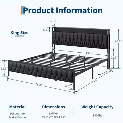 Cadre de lit King avec station de recharge, plateforme entièrement métallique avec tête et pied de lit, silencieux, pas besoin de sommier tapissier, assemblage facile, noir