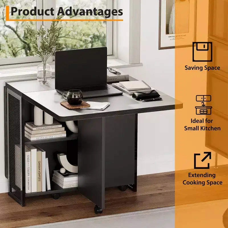 Table à manger pliante, table à manger de style ferme pour 4 personnes avec étagère de rangement, 6 roulettes, table de cuisine à abattants extensible et polyvalente