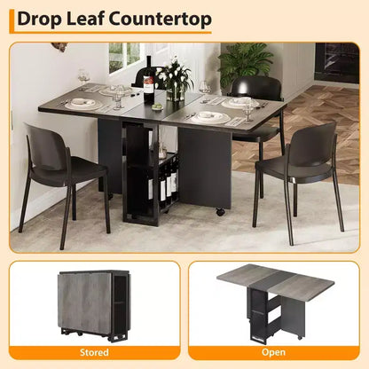 Table à manger pliante, table à manger de style ferme pour 4 personnes avec étagère de rangement, 6 roulettes, table de cuisine à abattants extensible et polyvalente