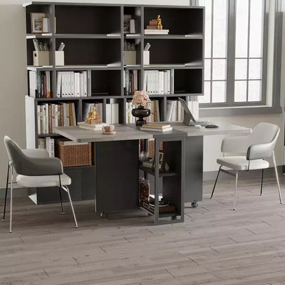 Table à manger pliante, table à manger de style ferme pour 4 personnes avec étagère de rangement, 6 roulettes, table de cuisine à abattants extensible et polyvalente
