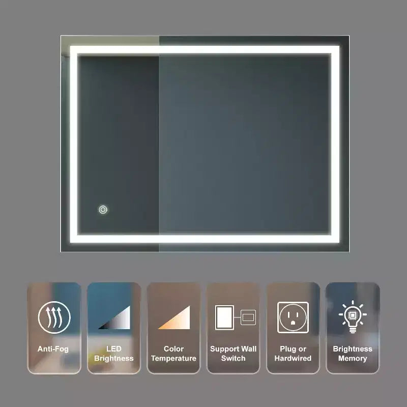 Miroir de salle de bain 32x24" avec intensité réglable 3 couleurs, anti-buée et commande par interrupteur mural