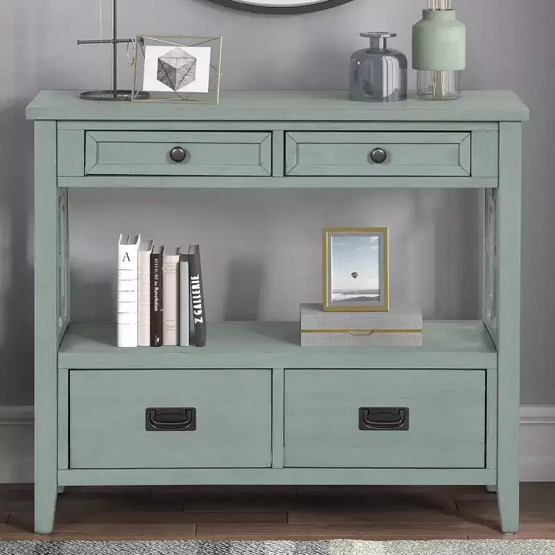 Console rustique de 36 pouces avec 4 tiroirs, buffet vert avec étagère de rangement, table de canapé pour entrée, couloir, design rustique