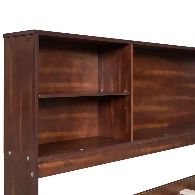 Lit capitaine en bois grand format avec tiroirs, étagères et placards latéraux
