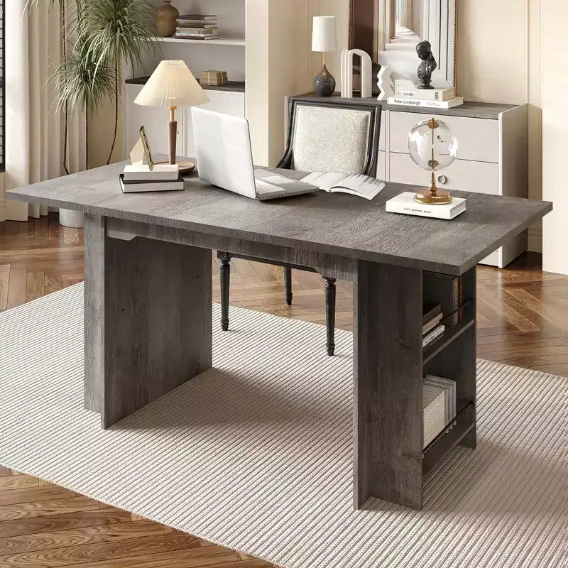 Table à manger de ferme de 160 cm avec 4 étagères de rangement, 4 à 6 places, Noyer
