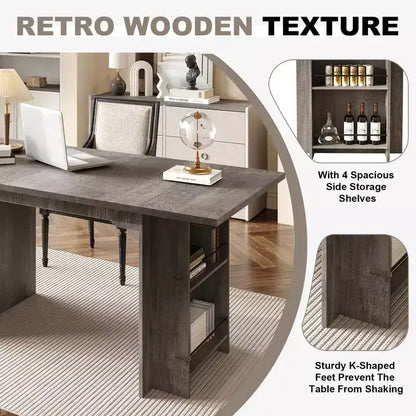 Table à manger de ferme de 160 cm avec 4 étagères de rangement, 4 à 6 places, Noyer
