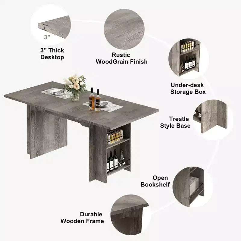 Table à manger de ferme de 160 cm avec 4 étagères de rangement, 4 à 6 places, Noyer