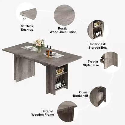 Table à manger de ferme de 160 cm avec 4 étagères de rangement, 4 à 6 places, Noyer