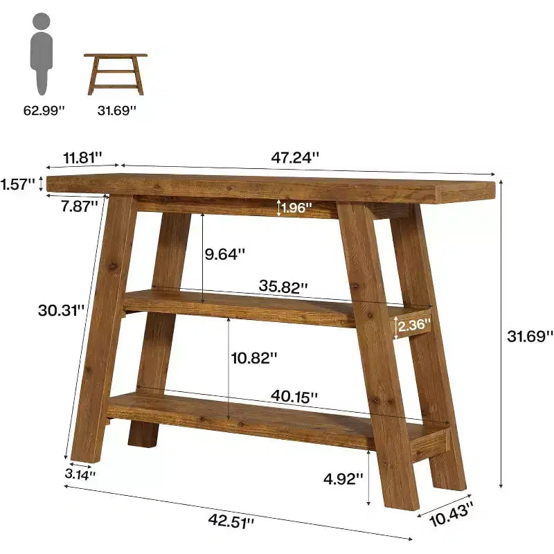 Console de ferme à 3 niveaux en bois massif de 47 po pour entrée et couloir
