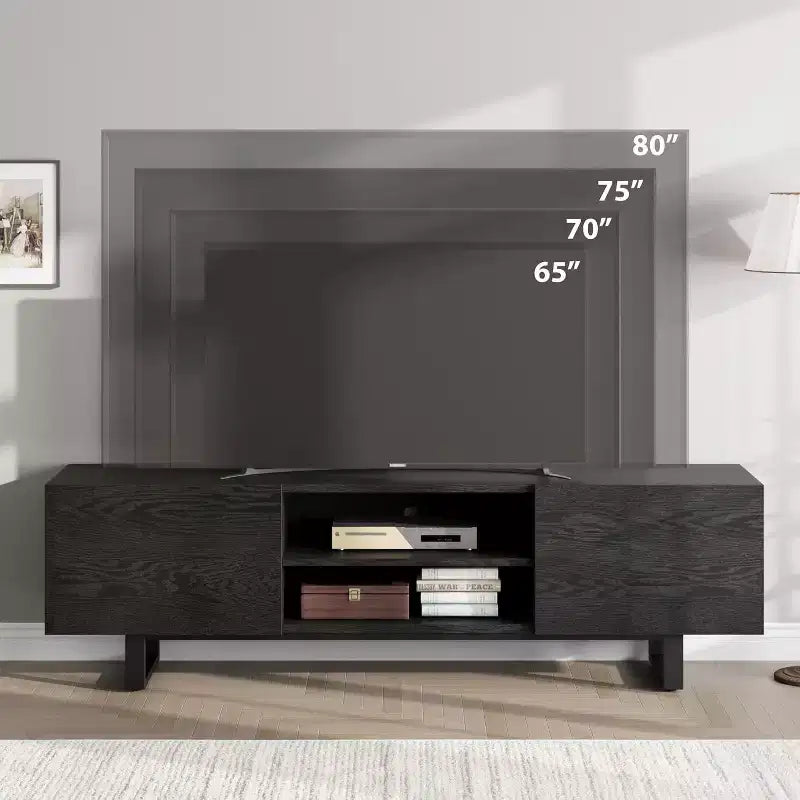 Console média de 70 po avec tiroirs de rangement et étagères ouvertes, pieds en métal