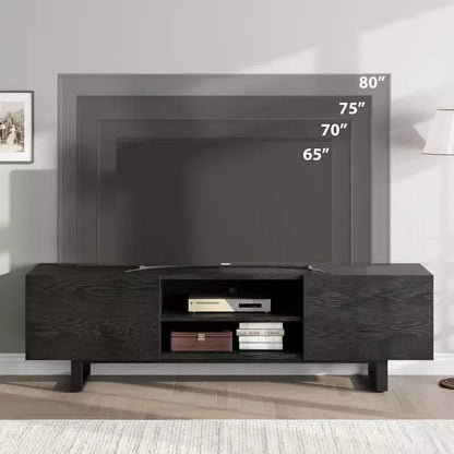 Console média de 70 po avec tiroirs de rangement et étagères ouvertes, pieds en métal