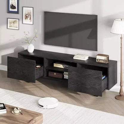 Console média de 70 po avec tiroirs de rangement et étagères ouvertes, pieds en métal