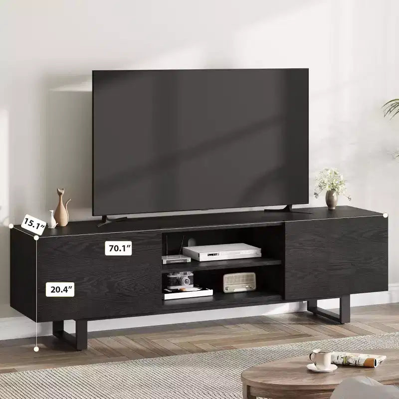 Console média de 70 po avec tiroirs de rangement et étagères ouvertes, pieds en métal