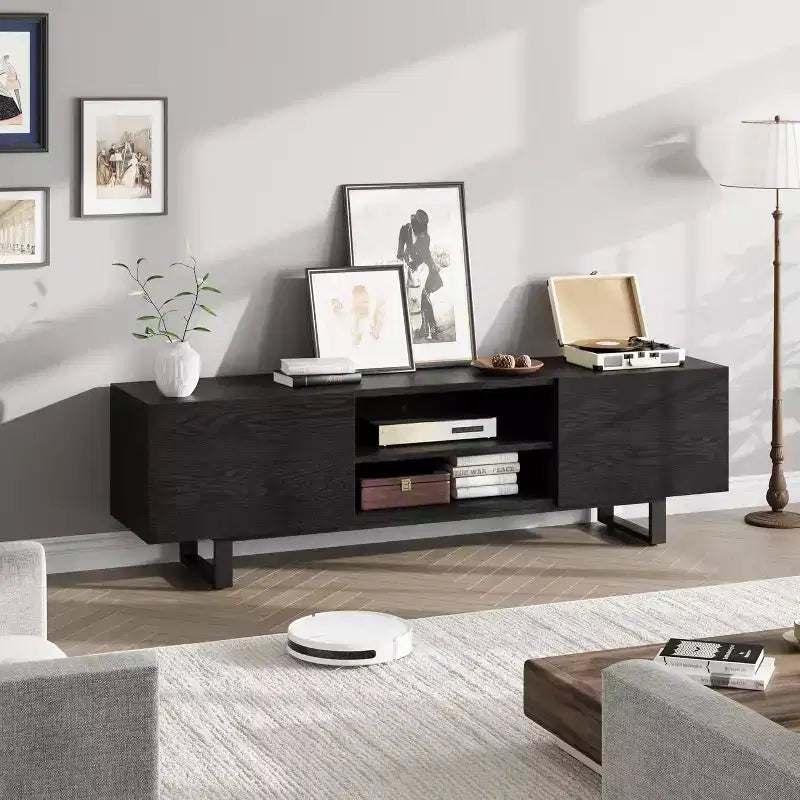 Console média de 70 po avec tiroirs de rangement et étagères ouvertes, pieds en métal