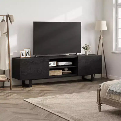 Console média de 70 po avec tiroirs de rangement et étagères ouvertes, pieds en métal