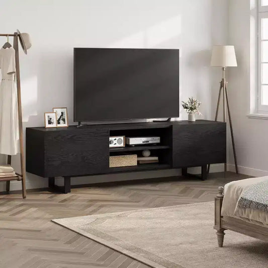 Console média de 70 po avec tiroirs de rangement et étagères ouvertes, pieds en métal