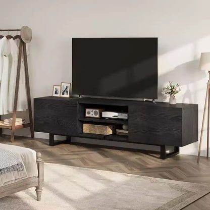 Console média de 70 po avec tiroirs de rangement et étagères ouvertes, pieds en métal
