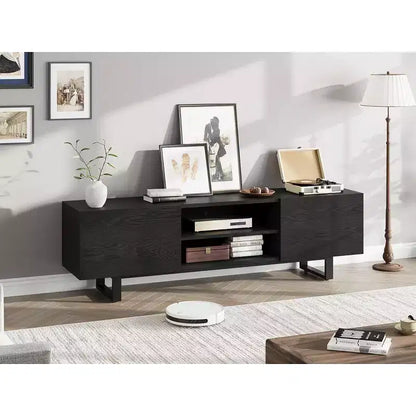 Console média de 70 po avec tiroirs de rangement et étagères ouvertes, pieds en métal