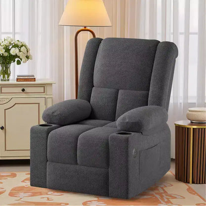 Fauteuil inclinable releveur électrique gris avec massage, chauffage, ports USB et porte-gobelets