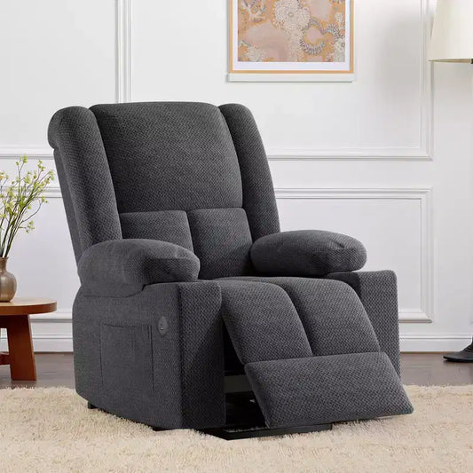 Fauteuil inclinable releveur électrique gris avec massage, chauffage, ports USB et porte-gobelets