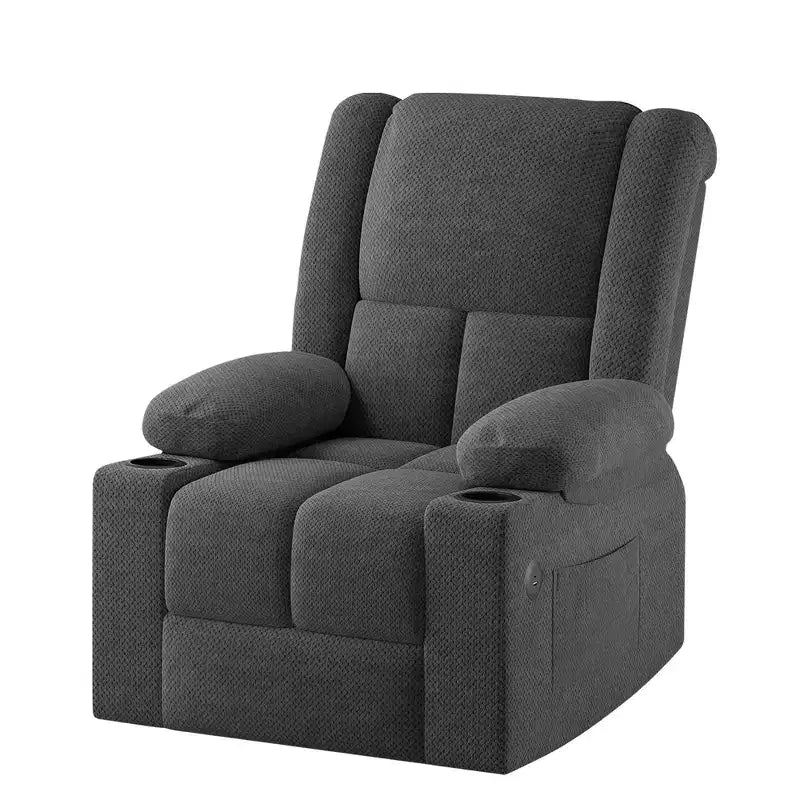 Fauteuil inclinable releveur électrique gris avec massage, chauffage, ports USB et porte-gobelets
