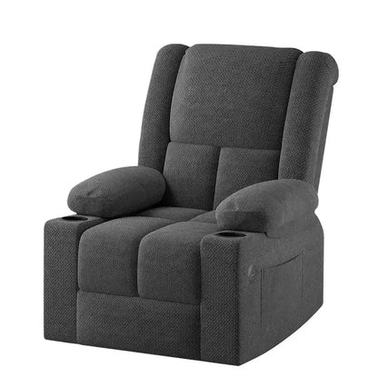 Fauteuil inclinable releveur électrique gris avec massage, chauffage, ports USB et porte-gobelets