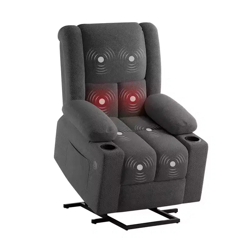 Fauteuil inclinable releveur électrique gris avec massage, chauffage, ports USB et porte-gobelets