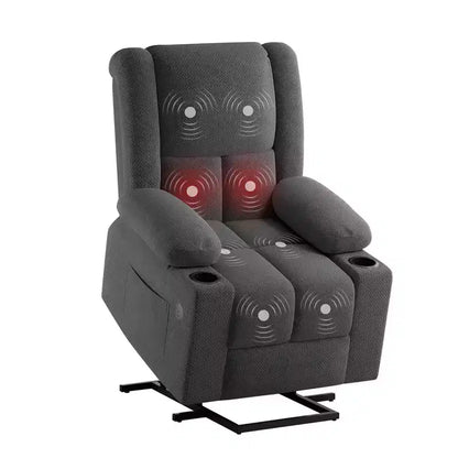 Fauteuil inclinable releveur électrique gris avec massage, chauffage, ports USB et porte-gobelets
