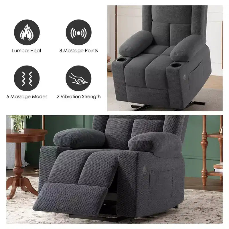 Fauteuil inclinable releveur électrique gris avec massage, chauffage, ports USB et porte-gobelets