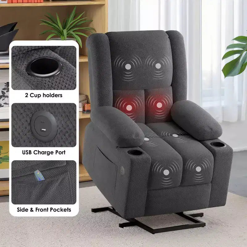 Fauteuil inclinable releveur électrique gris avec massage, chauffage, ports USB et porte-gobelets