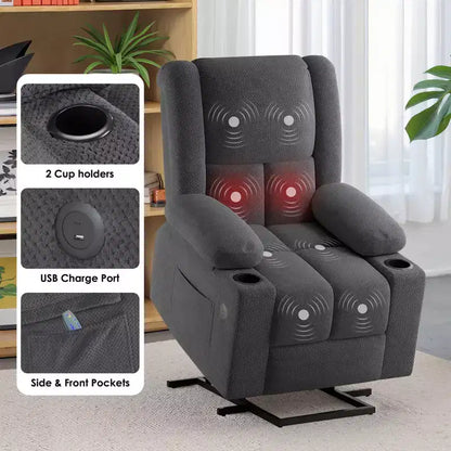 Fauteuil inclinable releveur électrique gris avec massage, chauffage, ports USB et porte-gobelets