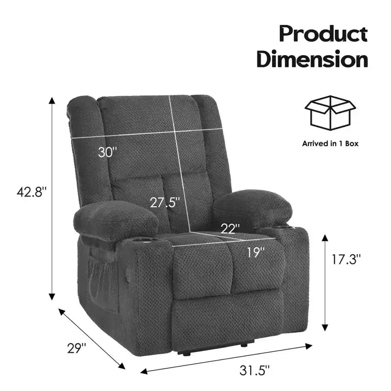 Fauteuil inclinable releveur électrique gris avec massage, chauffage, ports USB et porte-gobelets
