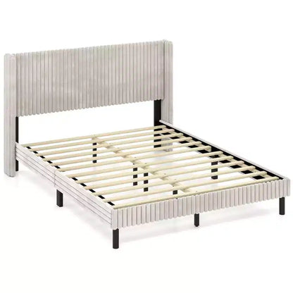 Lit plateforme double en velours avec tête de lit capitonnée, sommier tapissier non requis