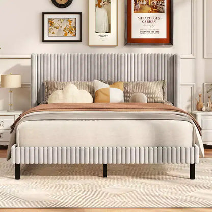 Lit plateforme double en velours avec tête de lit capitonnée, sommier tapissier non requis
